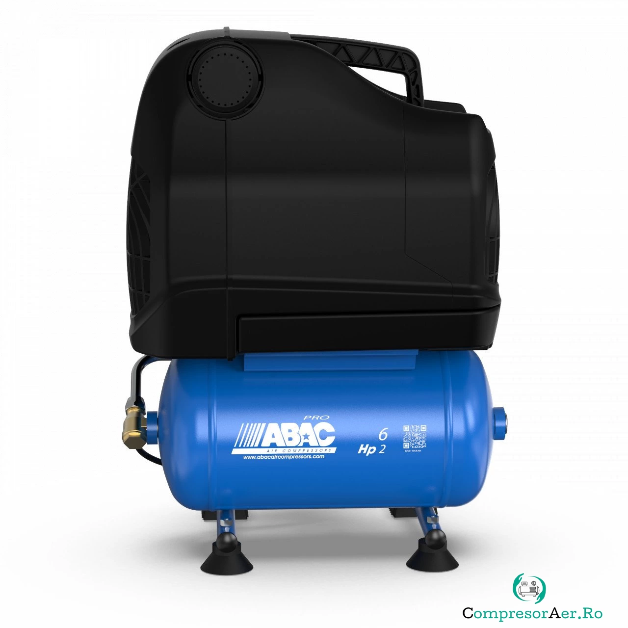 Compresor de aer cu piston fara ulei, semi-silentios - 1.5 kW, 222 L/min, 10 bari - Rezervor 6 Litri - ABAC-START-OSS-20P